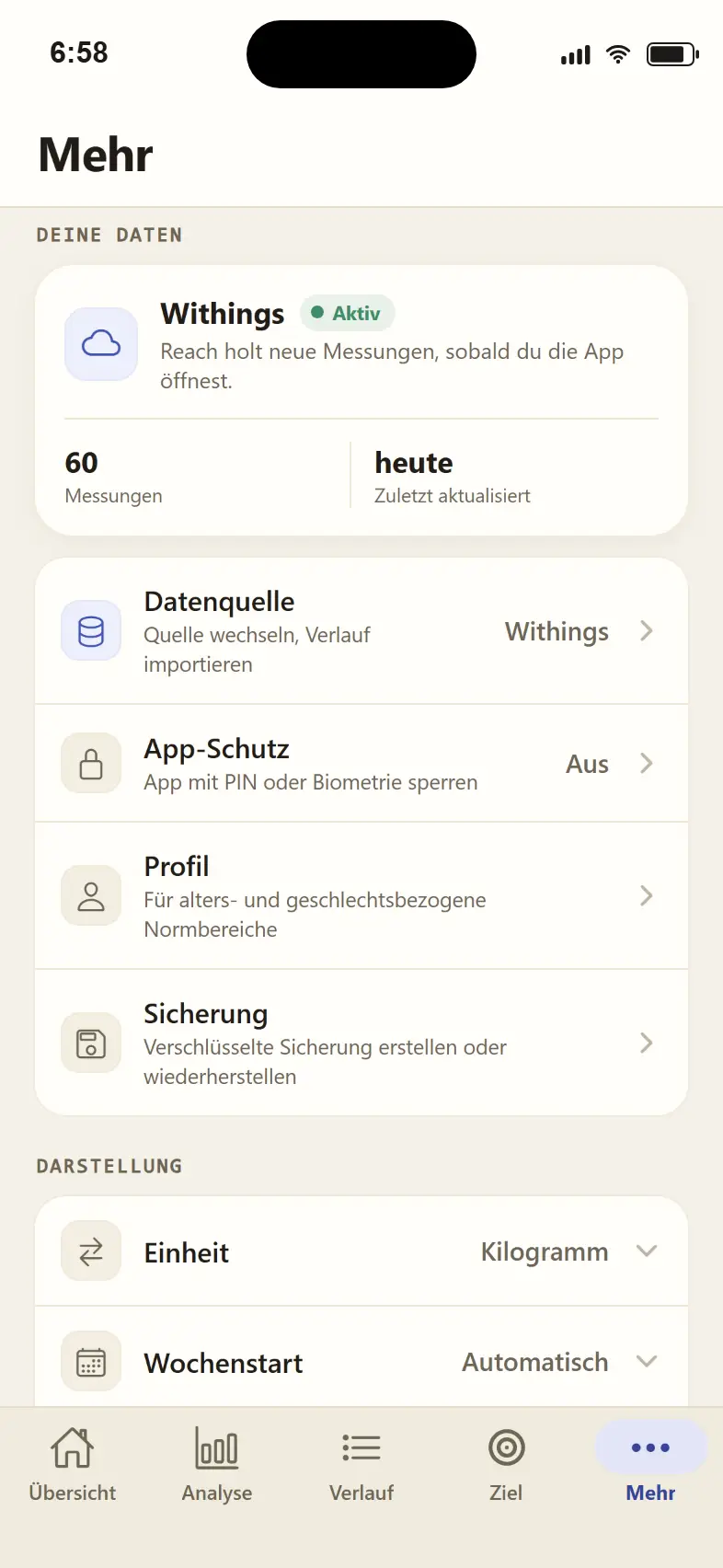 App-Screenshot Mehr: Datenquelle wählen und Verlauf importieren, App mit PIN oder Biometrie schützen, verschlüsselte Sicherung erstellen.