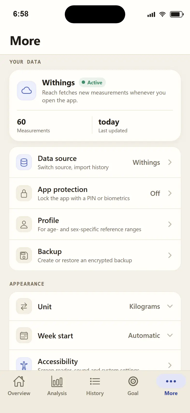 App screenshot more tab: choose your data source and import history, protect the app with PIN or biometrics, create an encrypted backup.