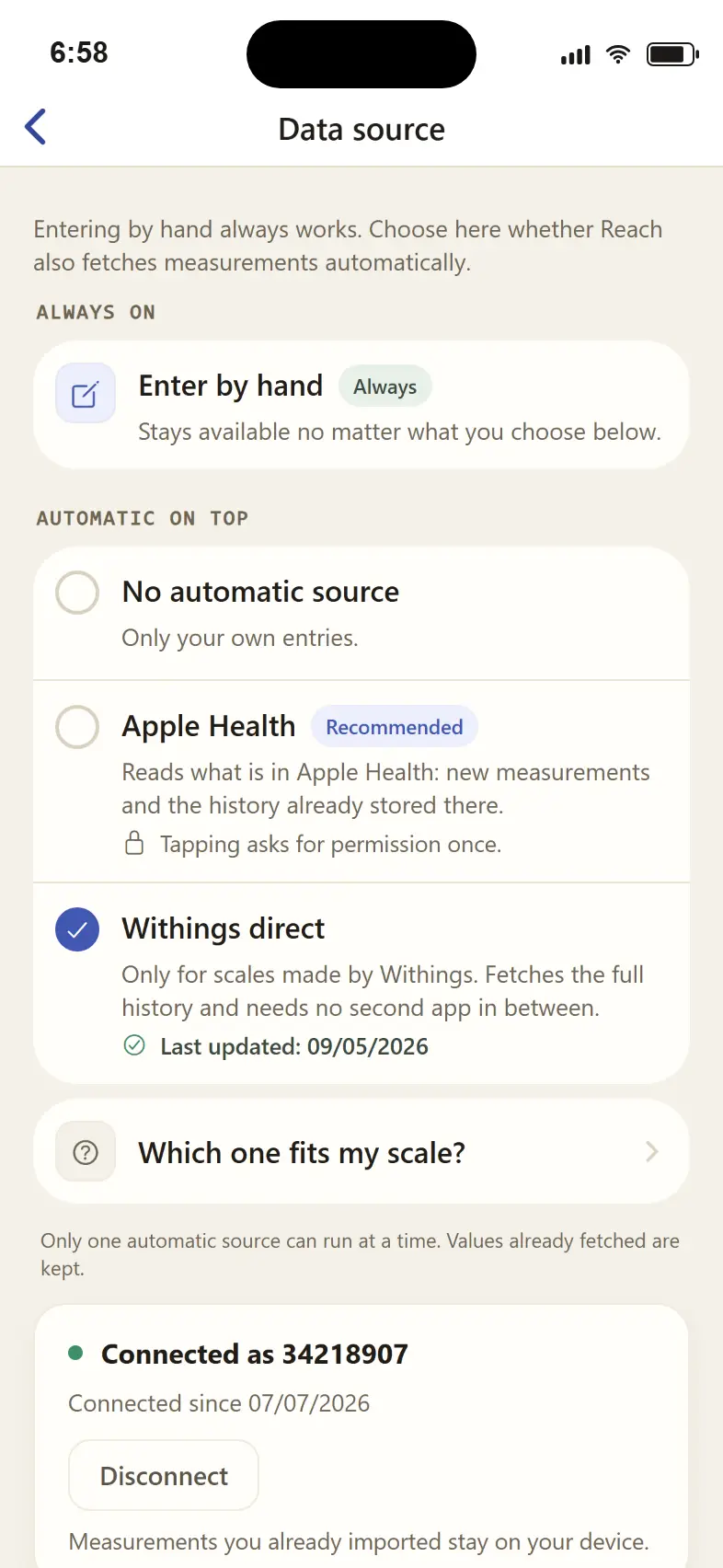 App screenshot data source: Withings is the active, connected source, with Apple Health and manual entry below it. You can switch source any time and keep values you already imported.
