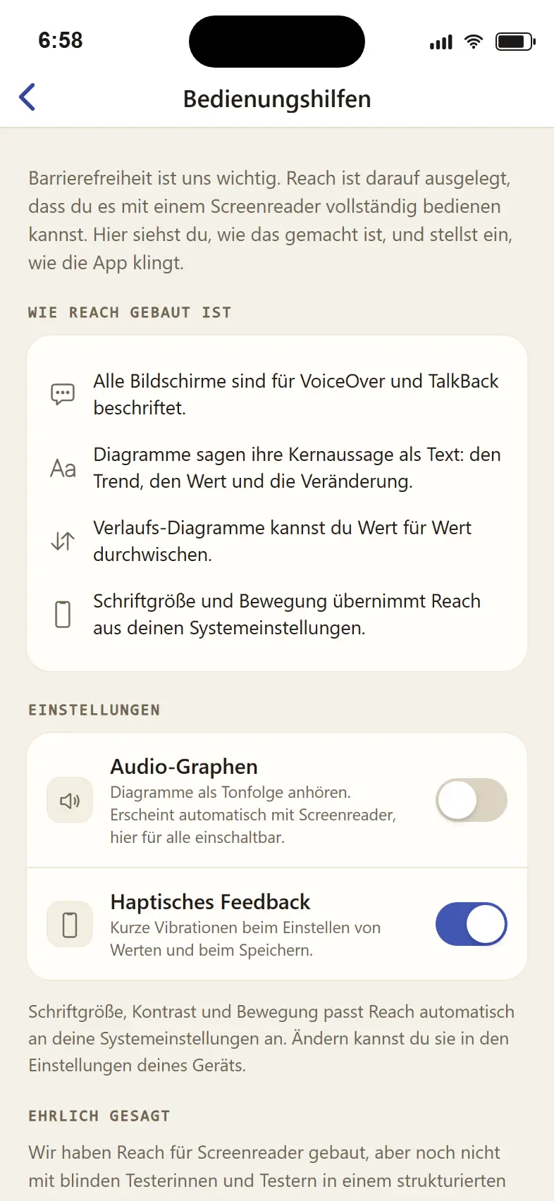 App-Screenshot Bedienungshilfen: Reach ist von Grund auf für Screenreader gebaut, jede Aussage auch ohne Grafik erfassbar, mit VoiceOver und TalkBack bedienbar.