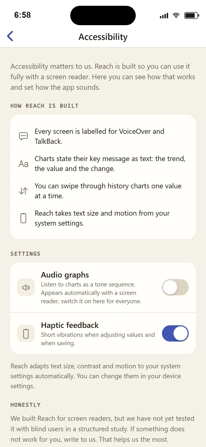 App screenshot accessibility: Reach is built for screen readers from the ground up, every statement graspable without the chart, operable with VoiceOver and TalkBack.