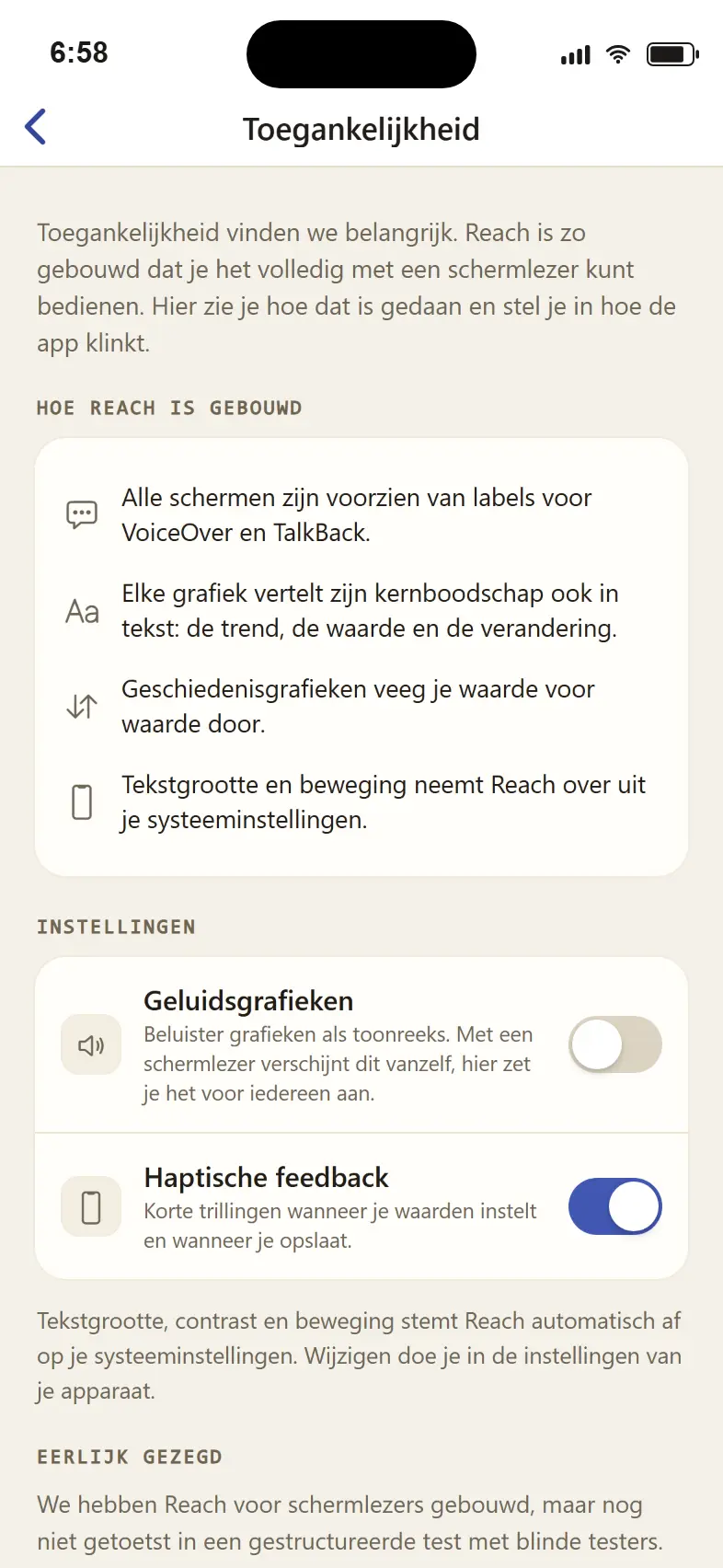 App-screenshot Toegankelijkheid: Reach is vanaf de basis voor schermlezers gebouwd, elke uitspraak is ook zonder grafiek te begrijpen, te bedienen met VoiceOver en TalkBack.