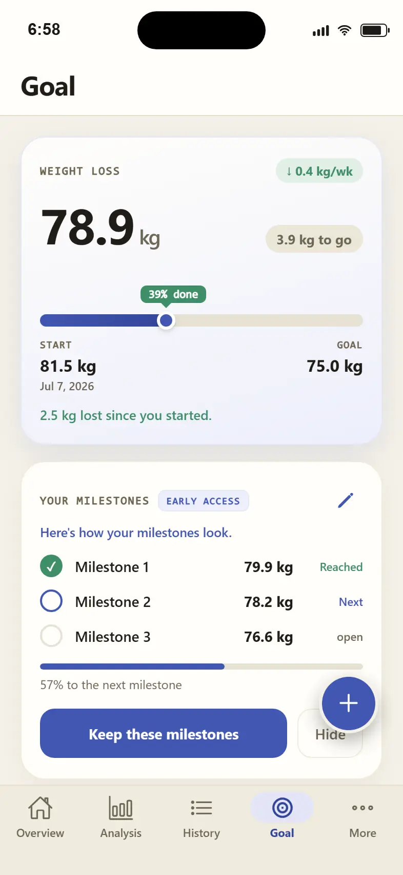 App screenshot goal tab: goal card at 78.9 kilograms, 39 percent done, start and target, below it three suggested stage goals with a progress bar.